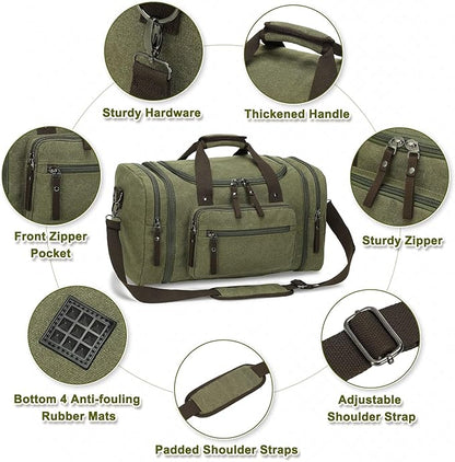 Expandable Canvas Duffel 50cm-58cm, Sturdy Zipper and Reinforced Handles, Lightweight Carry-On Weekender Bag for 3-5 Day Trips, Green