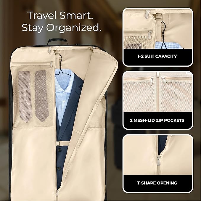 Briggs & Riley Classic Garment Bag for Hanging Clothes - Suit & Dress Travel Bag for Men & Women, Wrinkle Reducing Luggage for Shirts, Tuxedos, & Coats, Smooth Zipper - Baseline Collection, Black