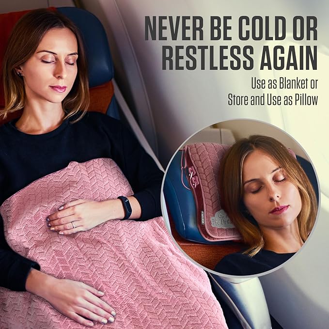 VENTURE 4TH Travel Blanket Pillow – Premium Ultra-Soft & Warm 2-in-1 Blanket or Pillow for Airplane, Car & Bus – Compact, Lightweight & Portable – Lint-Free, No Shedding, No Pilling - Pink