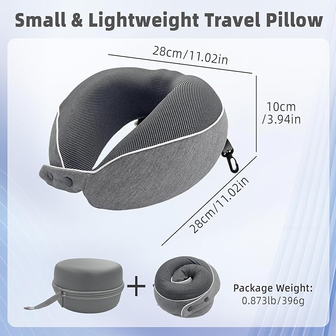 Memory Foam Travel Neck Pillow for Airplane, 360° Ergonomic Support Neck Pillow for Sleeping on Long Flights, Cars, Trains & Office, Compact & Portable with Storage Bag (Gray)