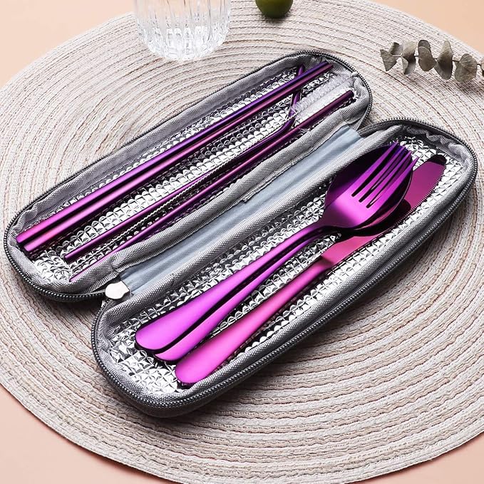 8-Piece Portable Stainless Steel Flatware Set, Travel Camping Cutlery Set with Purple Waterproof Case