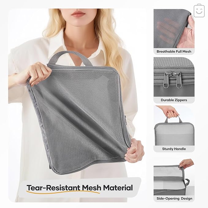 Veken 9/11 Set Compression Packing Cubes for Travel Essentials,Compressible Expandable Large Luggage Suitcase Organizer Bags for Clothing,Durable Space Saver Storage Bags with Toiletry Bags(Gray)