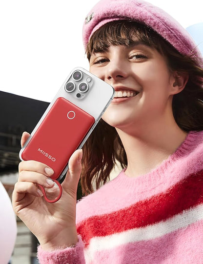 miisso 10000mAh Compatible with iPhone 15/16/17 and Android, Slim Portable Charger with Built in Cable, Power Bank Travel Charger External Battery Pack for Phone, 3 Output USB Type C Cord, Red