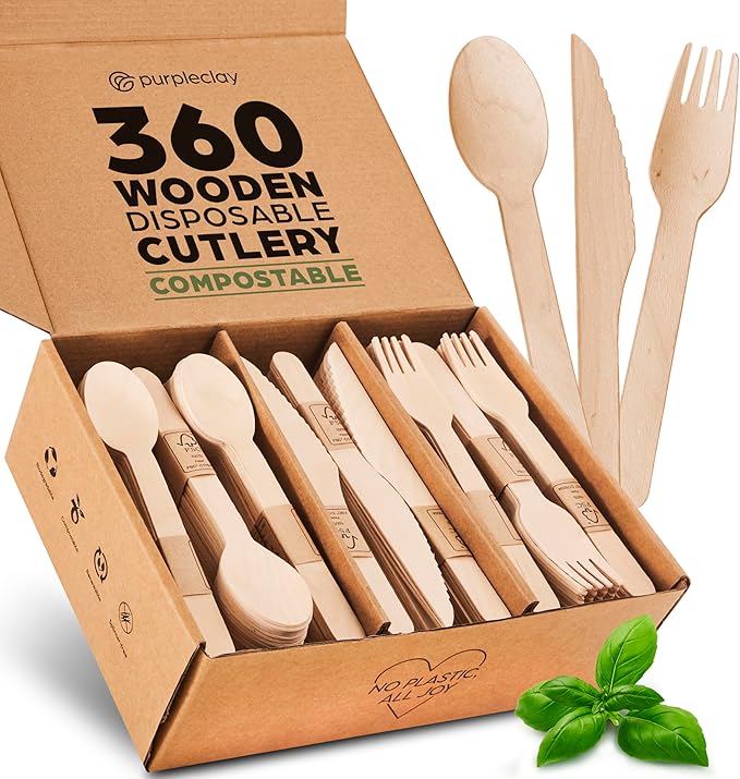 PURPLECLAY Wooden Disposable Cutlery Set, 360 PCS (120 Forks, 120 Spoons, 120 Knives) – Eco-Friendly Compostable Biodegradable Wooden Utensils, Plastic-Free Party Cutlery Set