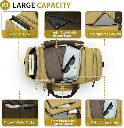 Expandable Canvas Duffel 50cm-58cm, Sturdy Zipper and Reinforced Handles, Lightweight Carry-On Weekender Bag for 3-5 Day Trips, Khaki