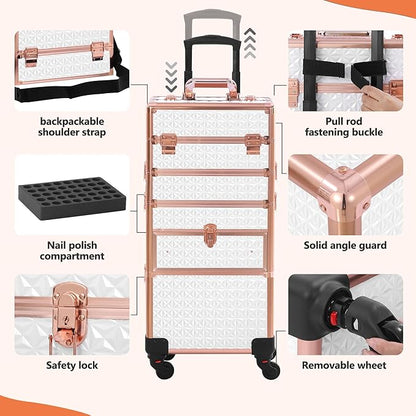 Makeup Train Case with Drawer, Rolling Makeup Case, Cosmetology Case on Wheels, Gift, Large Makeup Case Organizers, Professional for Salon Barber, Nail, Tattoo, White Gold