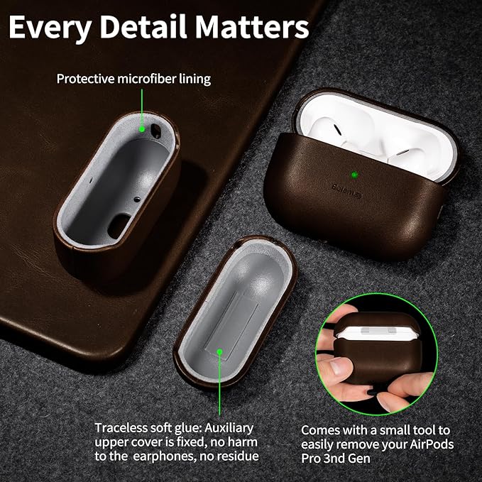 Belemay Handcrafted Full-Grain Vegetable-Tanned Leather Case for AirPods Pro 3rd Gen (2025), Two-Tone Effect, Natural Patina, Compatible with MagSafe, Compatible with Airpods Pro 3, Bourbon Brown