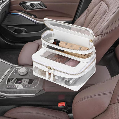 Pinkmik Clear Makeup Bag with Brush Case Travel Toiletry Bag Waterproof Cosmetic Organizer Car Essentials for Women (White, M+SLIM-1)