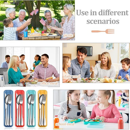 Yinkin 4 Pack Portable Travel Utensils Set with Case Reusable Stainless Steel Silverware Flatware Camping Cutlery Include Fork Spoon Knife for Work School Dishwasher Safe(Mixed Color)