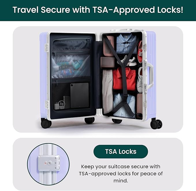 Nobl Travel Carry On Luggage, Noble Zipperless Aluminum Frame PC Hard Shell Suitcase, 22.5x15x9.5 Airline Approved, 360° Spinner Wheels, TSA Locks, USB Charging Port, Cup & Phone Holder - Lavender