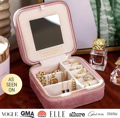 Benevolence LA Plush Velvet Jewelry Box | Travel Jewelry Case Organizer with Mirror | Featured in Oprah's Favorite Things | Best Gifts For Daughter, Girlfriend, Mom | Gifts For Her - Dusty Pink