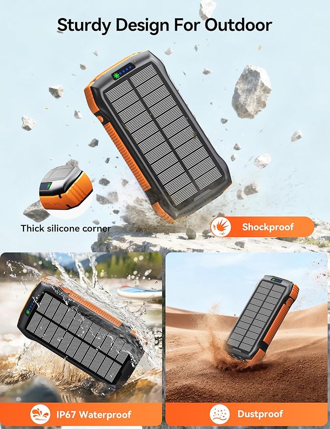 Solar Charger Power Bank, 40000mAh Wireless Portable Charger QC3.0 PD 20W Fast Charging with USB-C in/Output, External Battery Pack with Dual Flashlights Hiking Camping Essential