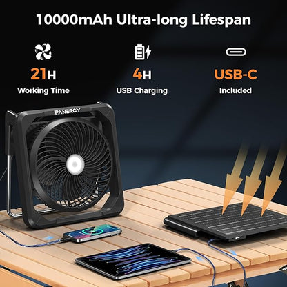 PANERGY Solar Fan with Lantern for Camping, Rechargeable Battery Powered Fan(21H cooling/67H lighting), Detachable Solar Panel, 3-Speed, 60°Pivot Cordless & Portable for Outdoor Travel RV Power Outage