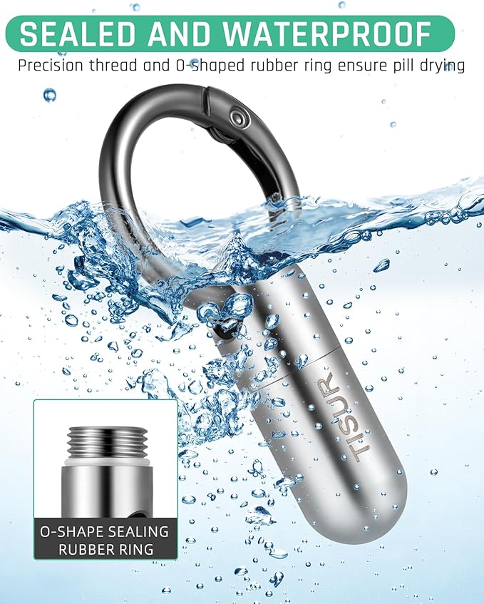 TISUR Micro Keychain Pill Holder, Titanium Pill Case Waterproof Pill Container, Portable Tiny Pill Organizer for Travel Purse Pocket