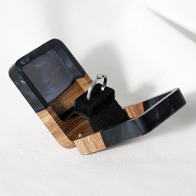 RWA Slim Engagement Ring Box for Proposal – Unique Wedding Ring Holder & Jewelry Display Case – Travel Jewelry Organizer, Ring Bearer Box, Proposal Gift, Wedding Ring Box for Ceremony, FLIP, black
