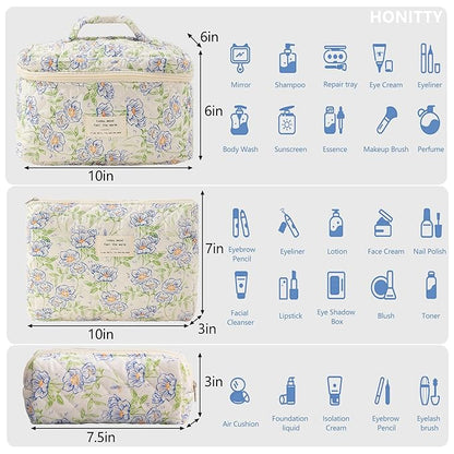 Makeup Bag,Quilted Cosmetic Bags,Large Floral Make Up Organize bag,Makeup Bag Set for Women,Flower Travel Toiletry Bag