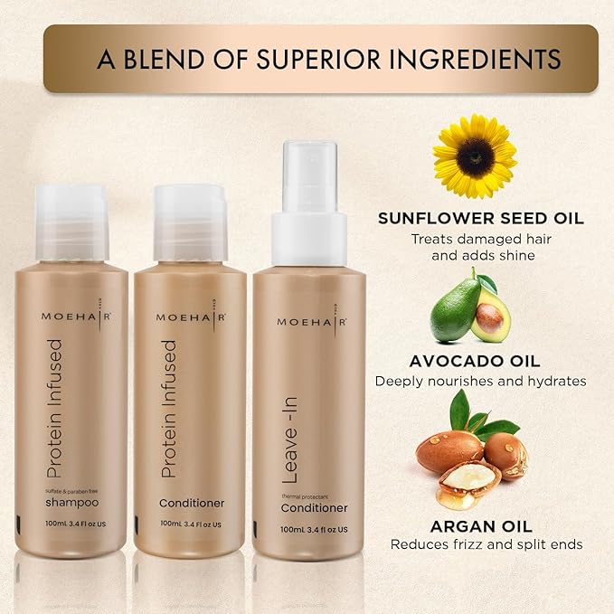 MOEHAIR Hair Strengthening Travel Pack: Shampoo , Conditioner , and Leave-in Conditioner (3.4 Fl Oz Each)