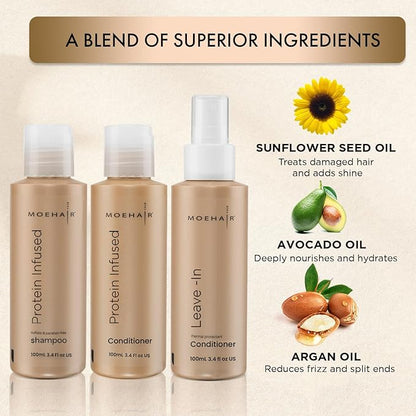 MOEHAIR Hair Strengthening Travel Pack: Shampoo , Conditioner , and Leave-in Conditioner (3.4 Fl Oz Each)