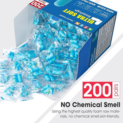 AZEN 200 Pairs Ear Plugs, NRR 32dB Soft Foam Ear Plugs for Sleeping Noise Cancelling, Earplugs for Concerts Shooting Swimming Noise Reduction (Lake Blue)