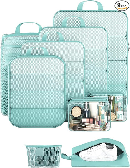 Veken 9/11 Set Compression Packing Cubes for Travel Essentials,Compressible Expandable Large Luggage Suitcase Organizer Bags for Clothing,Durable Space Saver Storage Bags(Blue Green)