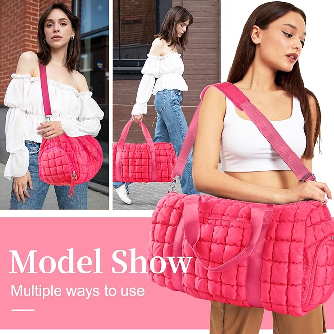Quilted Travel Duffle Bag Gym Bag for Women,Large Puffer Duffle Weekender Bag with Compartment,Workout Overnight Carry on Organizer Bag Duffle Bag for Airplane Travel(L-Rosered)