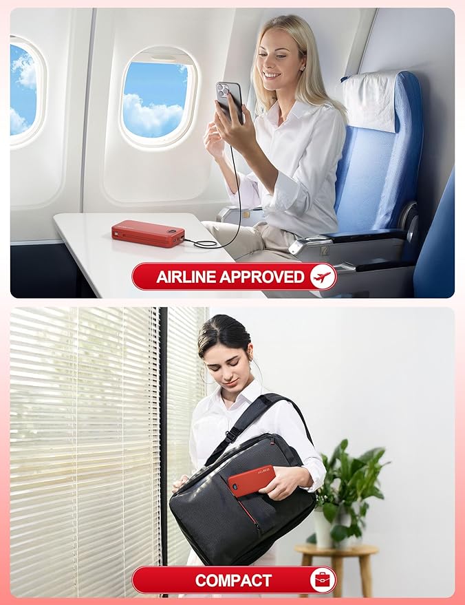 Portable Charger Power Bank, 20000mAh 22.5W USB C Fast Charging with Built-in Cable & Wall Plug, External Battery Pack with LED Display, Travel Essential for iPhone, iPad, Samsung Red