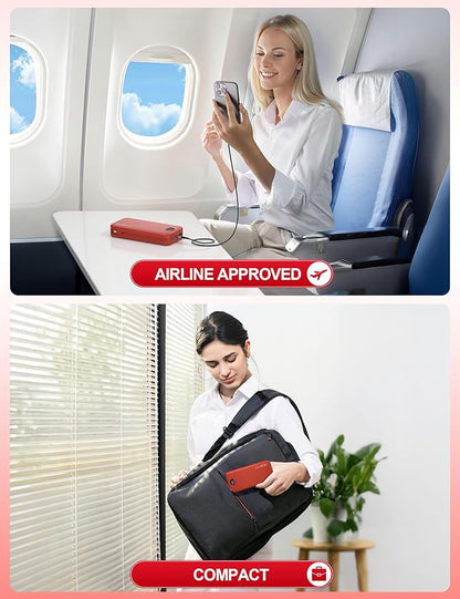 Portable Charger Power Bank, 20000mAh 22.5W USB C Fast Charging with Built-in Cable & Wall Plug, External Battery Pack with LED Display, Travel Essential for iPhone, iPad, Samsung Red