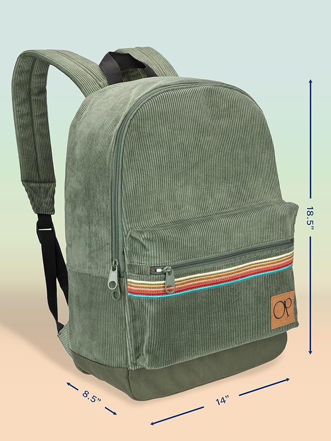 Ocean Pacific OG Corduroy Backpack for Travel, Sports, Beach, Work, Casual Daypack for Men Women Fits 15.6 Inch Laptop (Olive)