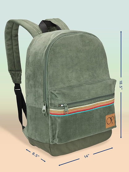 Ocean Pacific OG Corduroy Backpack for Travel, Sports, Beach, Work, Casual Daypack for Men Women Fits 15.6 Inch Laptop (Olive)