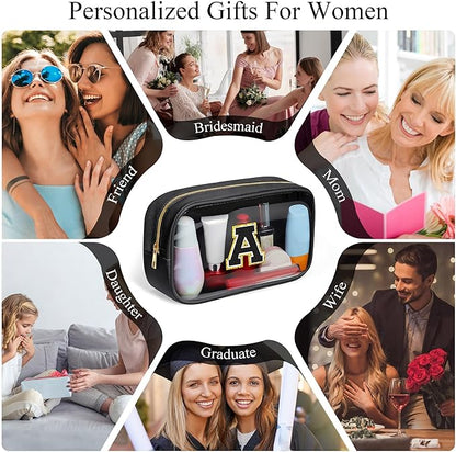 YOOLIFE Initial Travel Makeup Bag Pouch, Clear Toiletry Bag for Women Travel Accessories Cosmetic Bag Skin Care for Teen Make Up Bags Birthday Gifts for Women Unique Teacher Mom Friends Gifts Black R