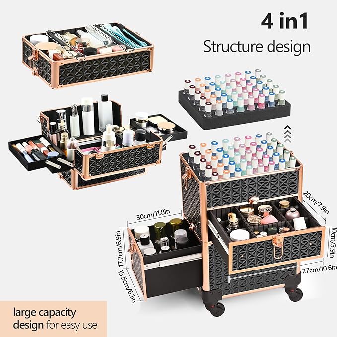 Makeup Train Case with Drawer, Rolling Makeup Case, Cosmetology Case on Wheels, Gift, Large Makeup Case Organizers, Professional for Salon Barber, Nail, Tattoo, Black Gold