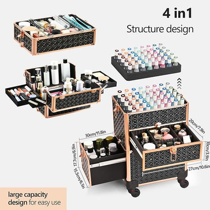 Makeup Train Case with Drawer, Rolling Makeup Case, Cosmetology Case on Wheels, Gift, Large Makeup Case Organizers, Professional for Salon Barber, Nail, Tattoo, Black Gold