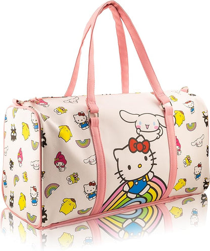 Sanrio Hello Kitty & Friends Rainbow Mini Duffle Bag for Girls | Small Travel Bag with Cinnamoroll | Lightweight Overnight Bag with Adjustable Strap | Ages 3+