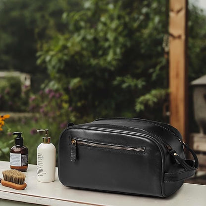 LEATHER VILLAGE Premium Leather Toiletry Travel Pouch With Waterproof Lining - Black | King-Size Handcrafted Vintage Dopp Kit Bag, Shaving & Bathroom Organizer, Gift for Men & Women