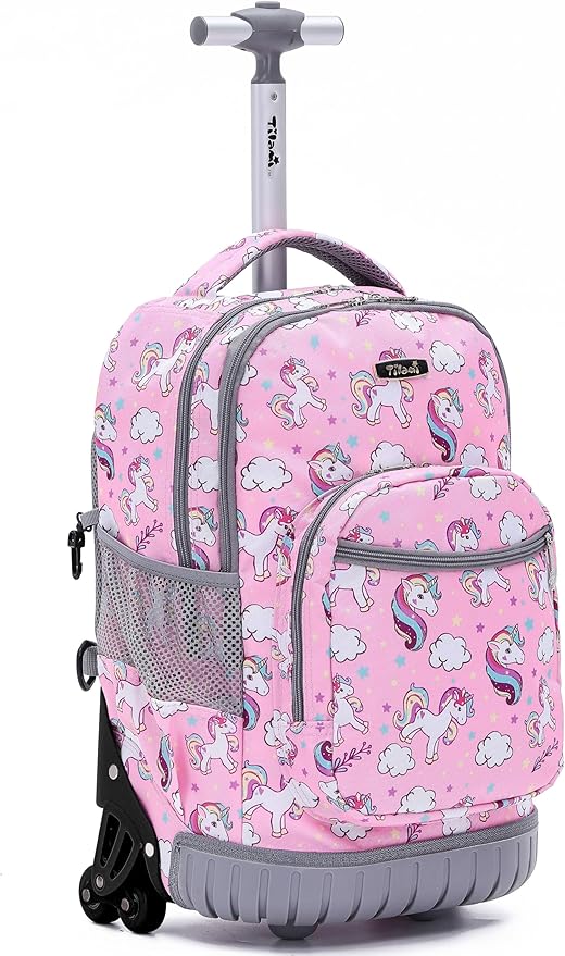 NEW TILAMI 18 Inch Rolling Backpack with Wheels for Girls Boys Kids Laptop Backpack School Travel, Pink Unicorn