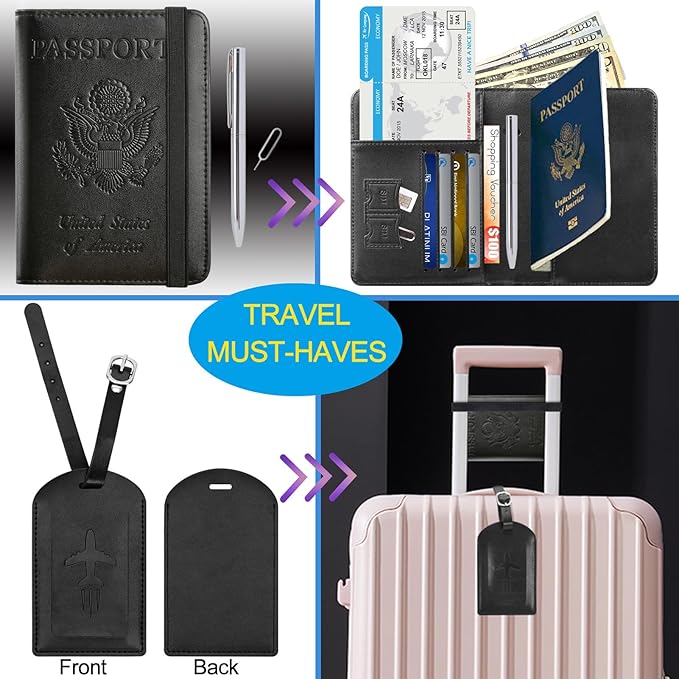 Passport Holder With Luggage Tag Travel Essentials Passport Cover Wallet RFID Blocking Leather Case International Must Haves Travel Accessories Women Men(115#Black)