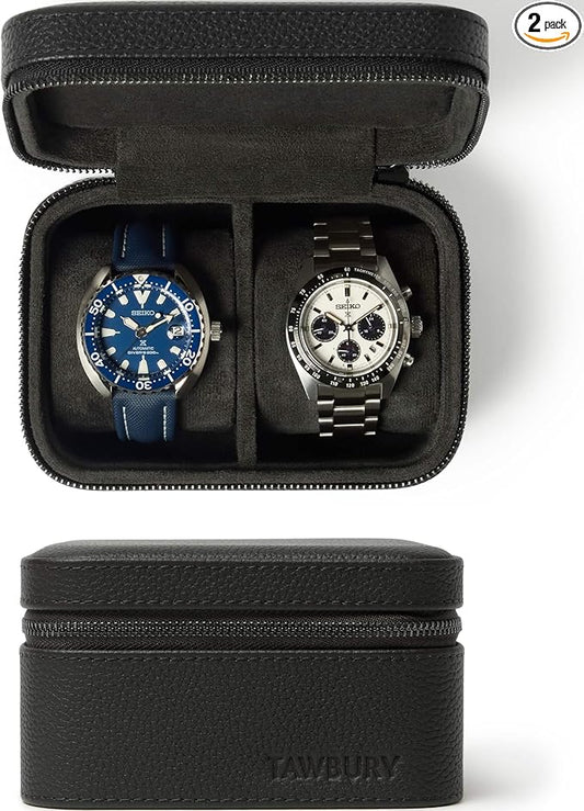 TAWBURY Watch Case - 2 Slot Watch Box for Men & Women with Genuine Top-Grain Leather Exterior, Metal Zipper and Extra Wide Pillows for Large Watches (Black)