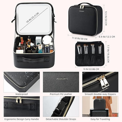 Travel Makeup Bag with LED Mirror – Waterproof Cosmetic Train Case with Adjustable Dividers, Portable Makeup Organizer and Toiletry Bag for Women, Teens & Girls Gift, Black