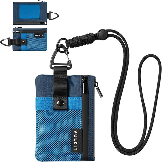 VULKIT Small RFID Wallet for Women & Men – Minimalist Zipper Wallet with ID Window, Keychain & Carabiner, Holds 15 Cards, Water Resistant Travel Lanyard Wallet Blue
