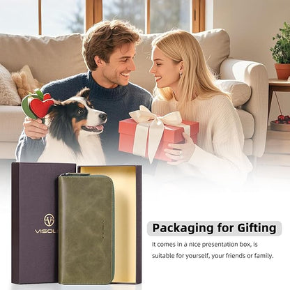 VISOUL Leather Long Zipper Pouch Wallet for Men and Women with RFID Blocking, Large Clutch Cash Long Wallet with Zipper (Olive Green)