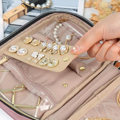 NISHEL Travel Jewelry Case, Holiday Organizer for Necklaces, Earrings, Rings, Bracelets, Watch, Rosewood-Pink