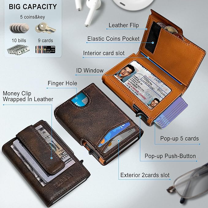Wallet for Men with Money Clip Coins Pocket ID Window Gift Boxed,Slim Smart Front Pocket RFID Blocking Wallet Pop-up Card Holder in Magnetic Leather Flip 3.9"x 2.7"