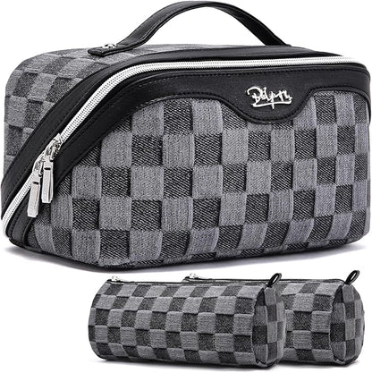 BOYATU Travel Makeup Bag for Women: Large Cosmetic Bag Set of 3 - PU Leather Make up Bag with Compartments - Compact Waterproof Toiletry Bag with Divider & Handle (D-2-Black)