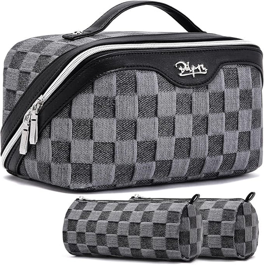 BOYATU Travel Makeup Bag for Women: Large Cosmetic Bag Set of 3 - PU Leather Make up Bag with Compartments - Compact Waterproof Toiletry Bag with Divider & Handle (D-2-Black)