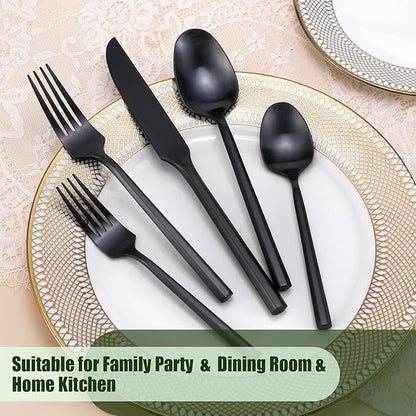 DEACORY Silverware Set Flatware Set Matte Black Cutlery Set Brushed Finished Hexagon Handle Heavy Stainless Steel 40 Pieces Dishwasher Safe Service for 8