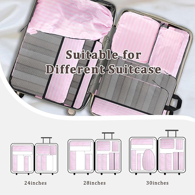U+U 10 Set Compression Packing Cubes - Ultralight Pink Stripe Travel Organizers with Laundry Bag, Space-Saving Suitcase Organizer, Expandable Packing Cubes for Travel and Family Vacation (Pink Stripe)