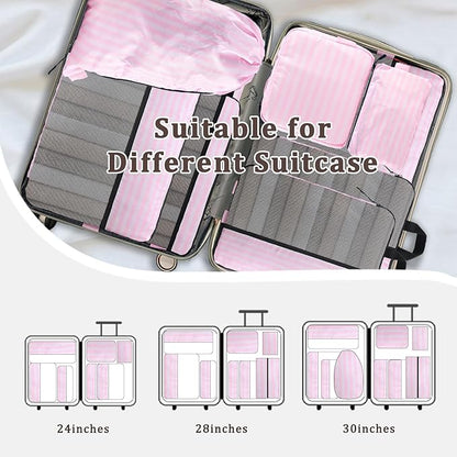 U+U 10 Set Compression Packing Cubes - Ultralight Pink Stripe Travel Organizers with Laundry Bag, Space-Saving Suitcase Organizer, Expandable Packing Cubes for Travel and Family Vacation (Pink Stripe)