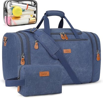 Canvas Mens Duffle Bag for Travel - Expandable 50L Weekender Bags with Toiletry Bag, Overnight Bag Travel Duffel Carry On Luggage with Removable Shoulder Strap, Durable & Water-Resistant