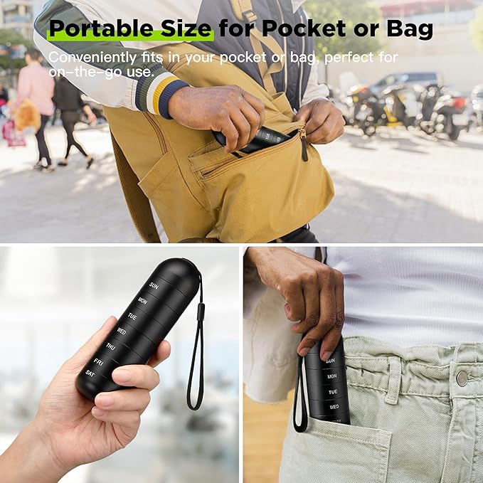 [2 Pack] Zannaki Metal Travel Pill Organizer, Portable Waterproof Weekly Pill Box, Large Aluminum Alloy Pill Case Container, BPA Free 7 Day Daily Medicine Organizer Holder for Vitamin, Supplement