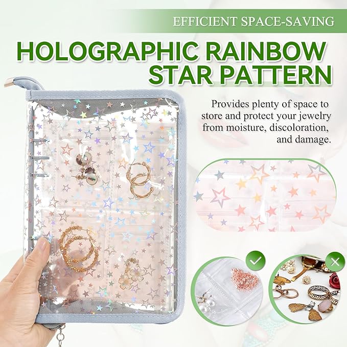 Jewelry Organizer Case Travel Clear Earring Organizer Case Transparent Jewelry Storage Book (Light blue, With 80 Pcs small Jewelry Pouches)